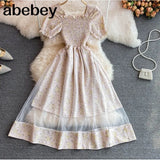 New Floral Summer Dress Women Vacation Casual Blackless Short Sleeve Slim Ladies French Style