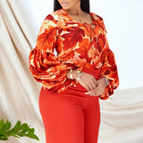 Large-Size Women's New Fashion Print Strapped With Broad Leg Pants Two-Set