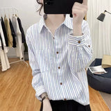 Comfortable With The Striped Long-Sleeved Shirt Of The Women's Spring And Autumn New Collar Top Loose Thin Shirt