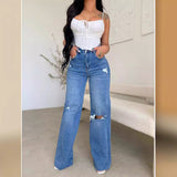 Stand Hole Denim Trousers Women High-Waisted Loose Straight-Lens Wide-Legged