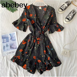 Ruffled Women Playsuits Elastic High Waist Bow Female Jumpsuit Romper Butterfly Sleeve Short Overalls for