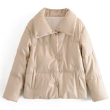 Aachoae Women High Street PU Leather Thin Parka Coats Fashion Solid Faux Leather Jacket Coat Female Chic Winter Cotton