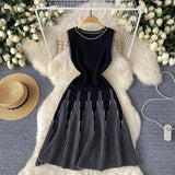 Sleeveless Round-Necked Striped Knitted Dress Women's Summer Waist Design Small Fairy Mid-Long