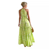 Summer New High-Waisted Beach Print Hanging Neck Dress