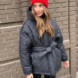 CP Casual Loose Arygle Hooded Parkas Women Fashion Solid Thick Short Coats Women Elegant Tie Belt Cotton Jackets Female