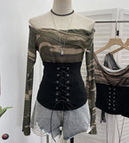 Real Shot Of The Hottie Shoulder Mesh Hot Diamond To Receive The Belt Strap Horn Long Sleeve Top Short T-Shirt