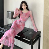 Elegant Dresses Women Butterfly Printed Mesh Patchwork French Style Slim Sexy Dress Flare Long Sleeve Vintage Ladies-Outfit