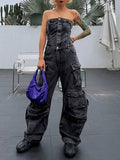 Toloer New Fashion Street Style With Chest And Waist Show Figure Hot Girl Many Pocket Jeans Cargo Pants Jumpsuit-Outfit