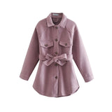 PUWD Vintage Woman Loose Sashes Woolen Coats 2021 Chic Female Autumn Soft TurnDown Collar Outwear Ladies Elegant Pockets