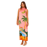 Summer New Sleeveless Round Collar Printing Holiday Style Casual Open Skirt Dress