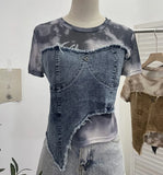 Shooting Of The Edge Of The Denim Splicing Tie Dye Mesh Repair Irregular Two Short-Sleeved Top T-Shirt