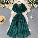Vacation Chiffon Dresses For Women 2022 Pleated Long Dress Solid Color Temperament V-neck Maxi Bohemia Dress Robe