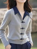 Toloer Chinese Style Gray Polo Collar Knitted Shirt Autumn Women 2025 New Small Small Small