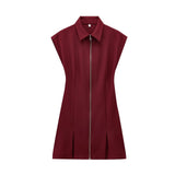 Zipper Wide-Fold Short Dress 2025 Summer Temperament Casual Sleeveless A-Word