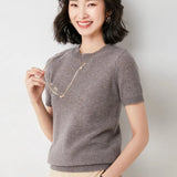 Toloer Female Round Collar Loose T-Shirt Inside Build Sweater Spring Autumn Base Outside Wear Short Sleeve Hair-Outfit
