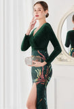 Winter Elegant Velvet With Sequins Deep V Neck Long Sleeve Slit Cocktail Eevening