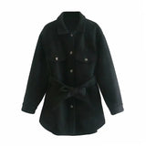 Aachoae Women Chic Wool Coats With Belt 2021 Solid Long Sleeve Pockets Shirt Jackets Outerwear Turn Down Collar Elegant