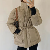 Autumn Winter Argyle Pattern Women Stand Collar Oversized Down Jacket 2021 Fashion Single-breasted Solid Parka Lace-up Chic