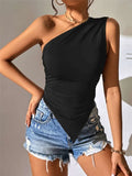 Women's New Body Repair Irregularly Slanted Shoulder Sexy Shoulder Vest T-Shirt Lady's