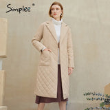 Simplee Fashion female winter windproof jacket Casual sashes women winter parka Long straight coat with rhombus pattern