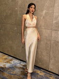 Temperament Slim Dress For Women Halter Sleeveless High Waist Backless Spliced Diamonds Bodycon Long Dresses Female