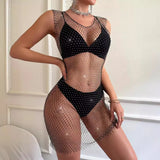 Toloer Sexy Fishnet Flash Diamond Hollow Bright Diamond Dress Fashion Trend V Neck Skirt