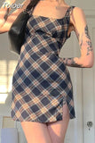 Preppy Y2K Sleeveless Tank Dress Plaid Print Slit Vintage Straight Mini Dresses Korean Casual Elegant Outfit Cute