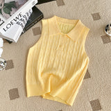 Chic Summer French Niche Polo Collar Sleeveless Knitted Top Girl Slime With Solid Color