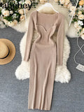 For Women 2022 Sexy Strapless Ribbed Knitted Bodycon Dress Women Winter Long Sleeve Midi Sweater Dress