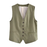 Toloer 2023 Summer V-Neck Solid Color Single Breasted Vest High Waist Wide-Leg Pants Shorts Set 9ZS2251-Outfit