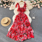 Elegant Women Floral Print Summer Dress Sexy Spaghetti Strap 2022 Sleeveless Backless Maxi Long Beach Holiday