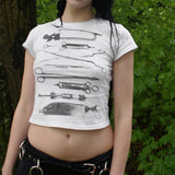College Style Street Sweetheart Hot Girl Round Collar Shows Thin Casual Simple Printed Short T-Shirt-Outfit
