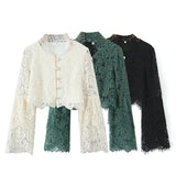 Simple Women's Clothing 2025 Summer Eyelash Lace Fan-Shaped Hem Short-Sleeved Shirt Long-Sleeved