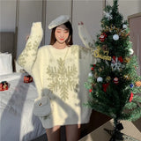 Autumn Winter Sweater Women Ins Christmas Special Gold Snowflake Pattern Loose Lazy Texture Pullover Medium Length Sweater