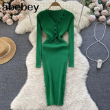Hollow Out Women Korean Knitted Dress Long Sleeve Elastic Slim Pencil Dresses 2022 Autumn Sexy Bodycon Sweater