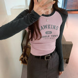 Color Shoulder-Sleeved Letter Printed Long-Sleeved T-Shirt Women's Autumn New Bottomed Shirt Round Neck Short Blouse-Outfit