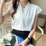 Blouses Short Sleeve White Blouse Summer Tops Blouse Women Blusas Mujer De Moda 2021 V-Neck Chiffon Blouse Shirt