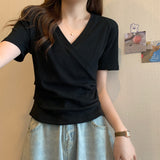 Toloer V-Neck Short-Sleeved T-Shirt Women 2024 Summer New Design Sense Slim Slim Short Students Slim Jacket