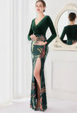 Winter Elegant Velvet With Sequins Deep V Neck Long Sleeve Slit Cocktail Eevening