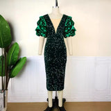 Sexy V-Neck Pile Sleeve Dress High-Waist V-Back Party Slit Dress Dresses