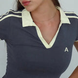 Toloer Style Cool Girl Letter Print Color Short Sleeved T Shirt POLO Collar Slim Base Versatile Top-Outfit