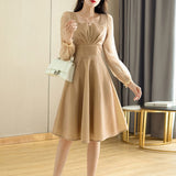 Toloer Dress Light Luxury Foreign Style Long Sleeves Light Luxury Fold Three-Dimensional Design Waist Show Thin Dress Women's Dress-Outfit