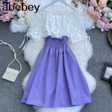 New Summer Sweet fake two piece Slash neck Dress three dimensional flower stitching waist closing slim