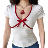 Toloer French Bow Patchwork Color Top Female Girl Slim Short V-Neck Short-Sleeved