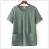 Women's Clothing Oversized Solid Cotton Short Sleeve Round Neck Pocket Button Casual Home Loose Belly Tshirt Tops-Outfit