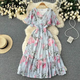 Women Summer Pleated Print Dress 2022 Vacation Ruffle Floarl Gentle Short Sleeves Ladies Slim A Line Long Dresses