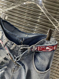 Hole Hollow Out Denim Pant For Women High Waist Patchwork Belt Loose Streetwear Wide Leg Pants Female Spring