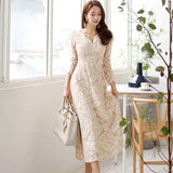 Han Queen Temperate A-line Lace Dress Women Spring Full Sleeve Long Swing Dresses OL Special Occasion Evening Party Vestidos-Outfit