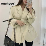 Aachoae Women Autumn Winter Wool Coats With Belt Casual Turn Down Collar Long Sleeve Pocket Outerwear Female Elegant Office