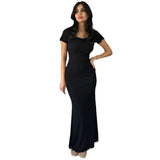 Toloer Summer New Women's Solid Color Temperament U Collar Short Sleeve Slim Long Dress